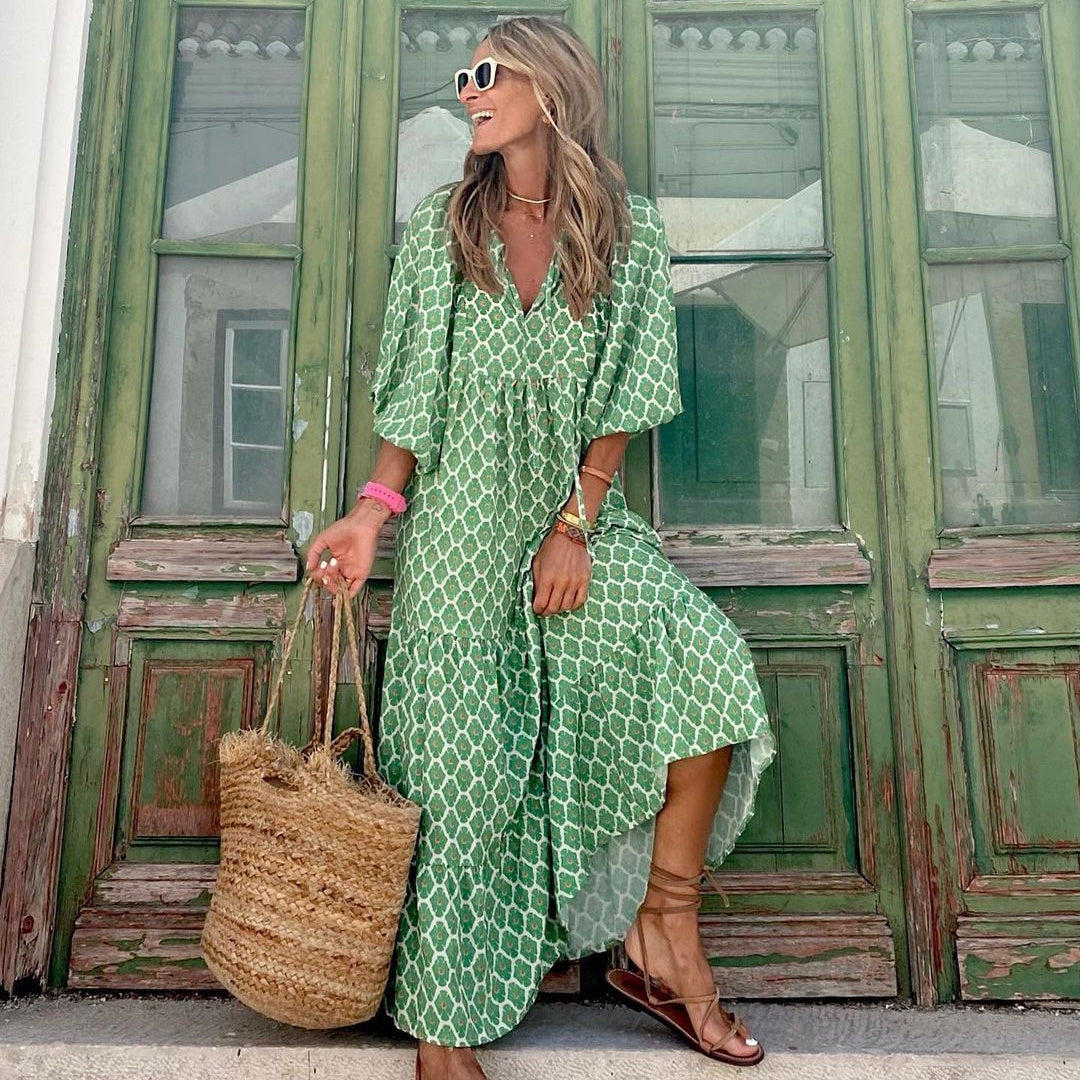 Casual Loose V-Neck Short Sleeve Long Dresses