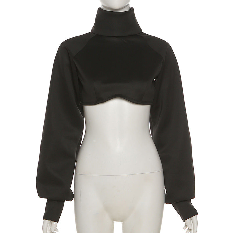 Longsleeved Highneck Umbilical Loose And Slim Simple Tshirt