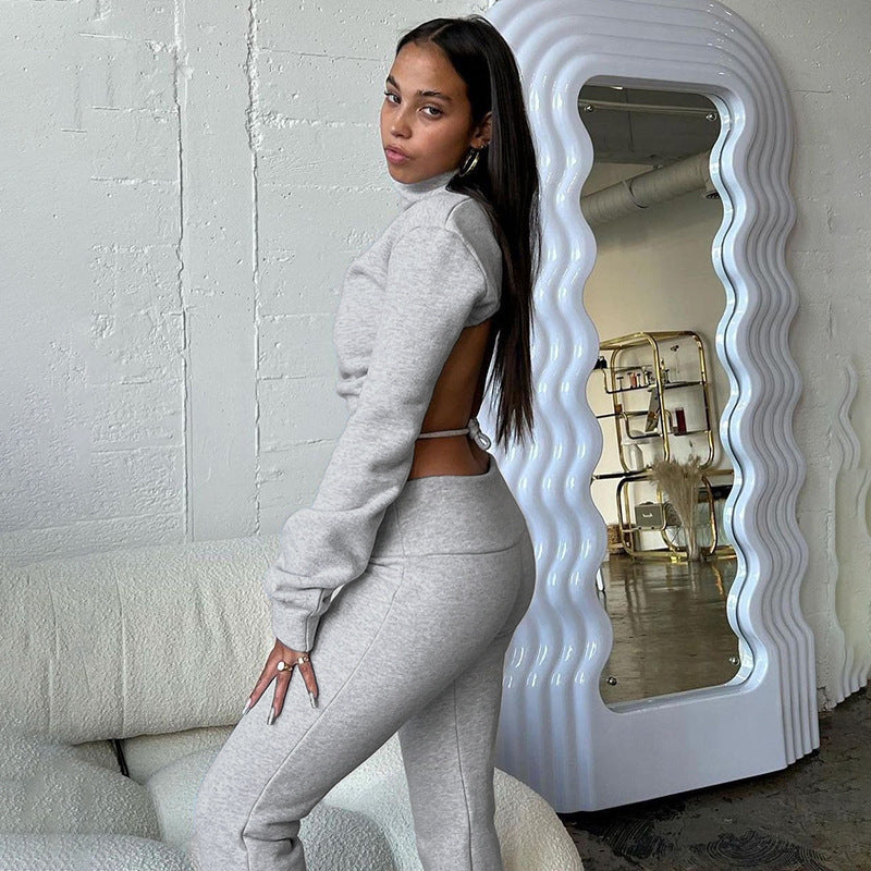Women's Fashion Solid Color Long-sleeved Strappy Top Straight Pants Set